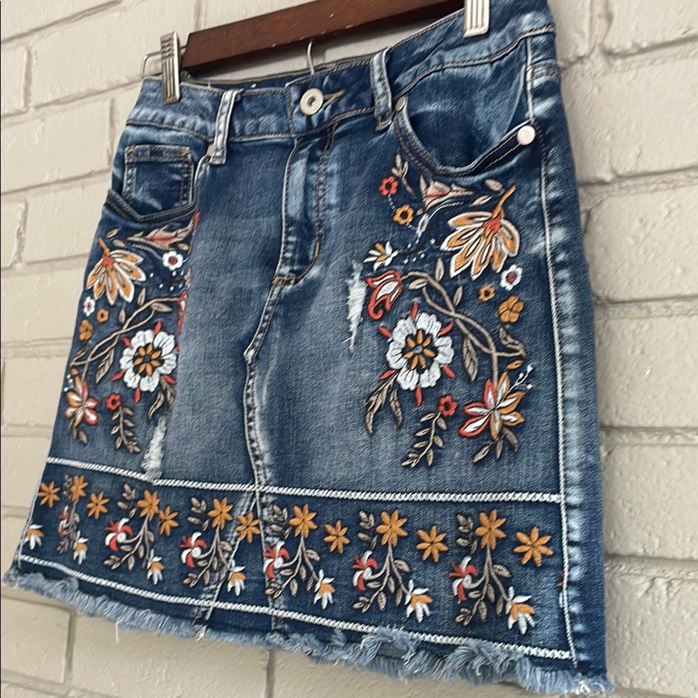 Altar'd State Embroidered Denim Mini Skirt - Blue and Multicolor - Picture 5 of 9